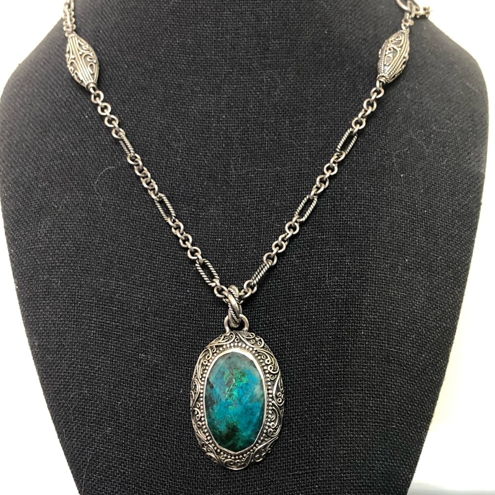LORI BONN Sterling Silver Faceted Azurite Oval Gem Pendant Mixed Link Necklace